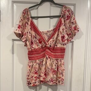 Pink Flutter Sleeve Peplum Blouse with Tie Front